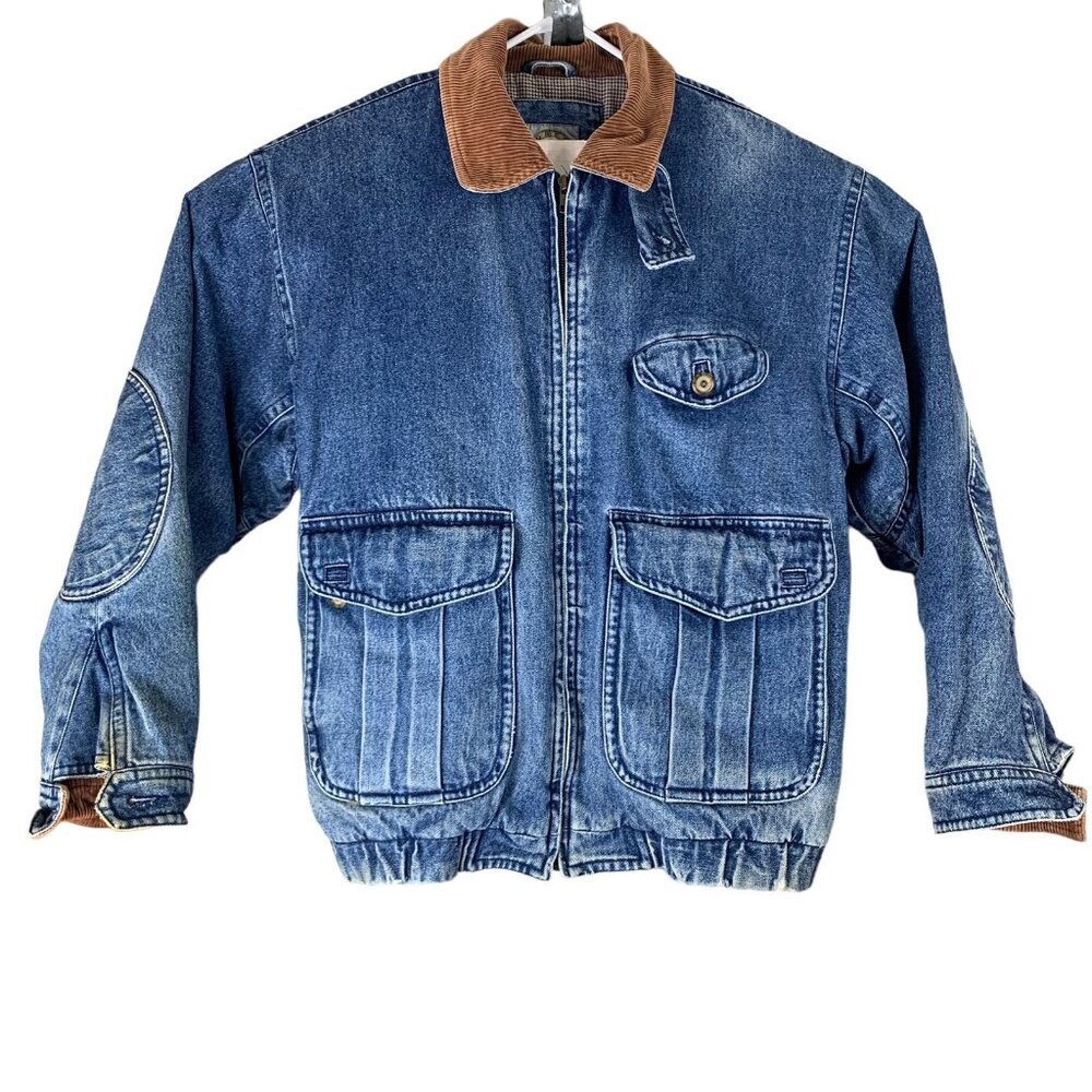Vintage Jean Jacket Flannel Lined Size Large Forest Club Zip Up Corduroy Trim